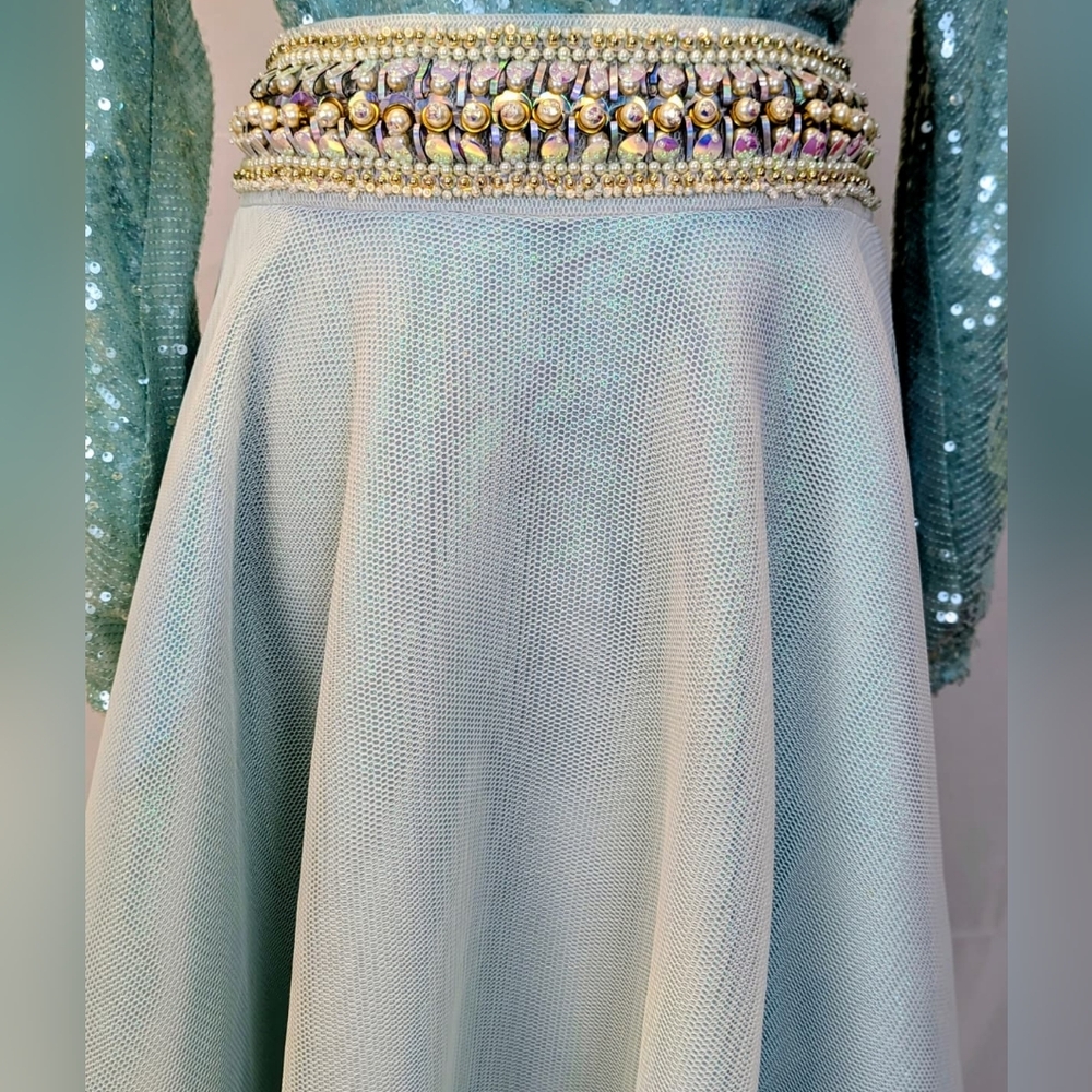Manish Arora Elegant Mint Green (Seafoam) Women's Maxi Skirt With Beads & Pearls - Picture 5 of 16
